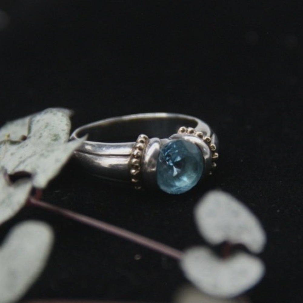 Sterling Silver 14k Gold Blue Topaz Mixed Metal Statement Ring Size 8 Hallmarked